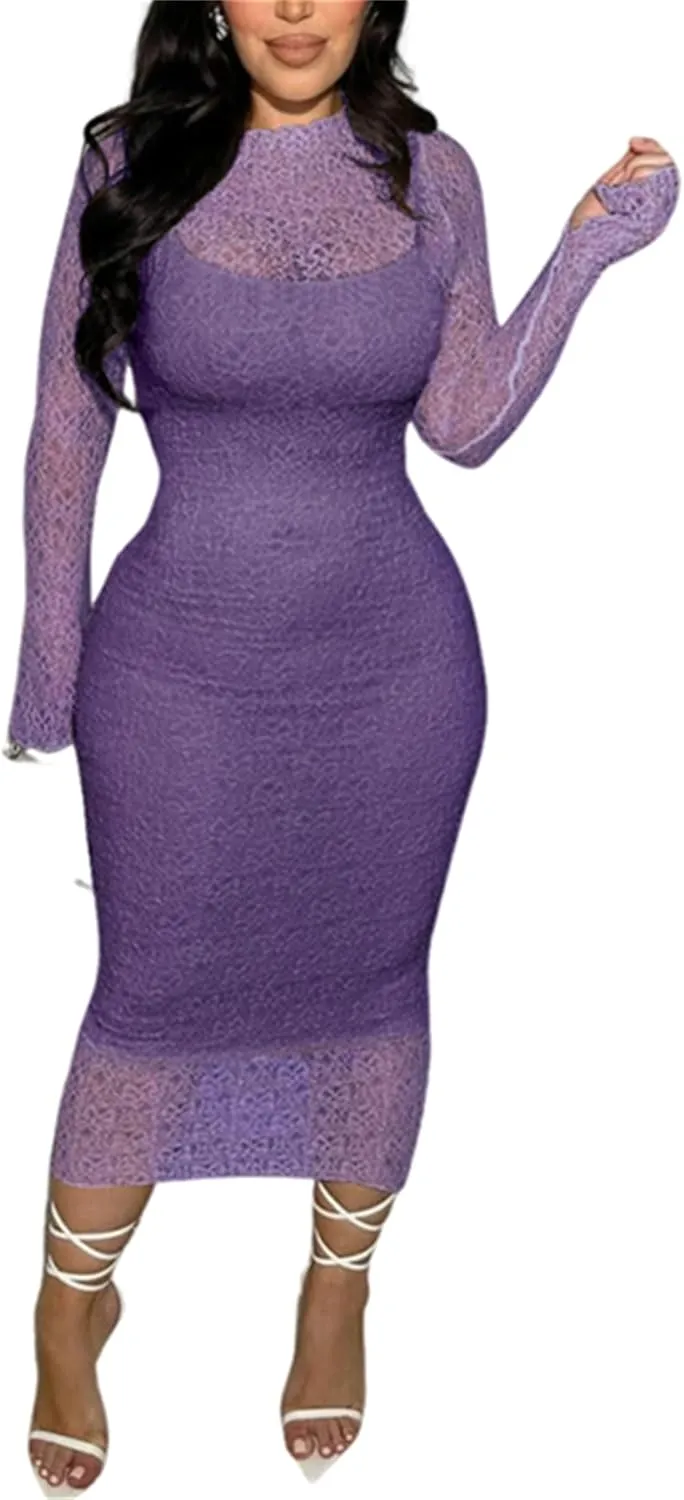 Women's Elegant Bodycon Midi Dress Lace Party Cocktail Wedding Guest Dress
