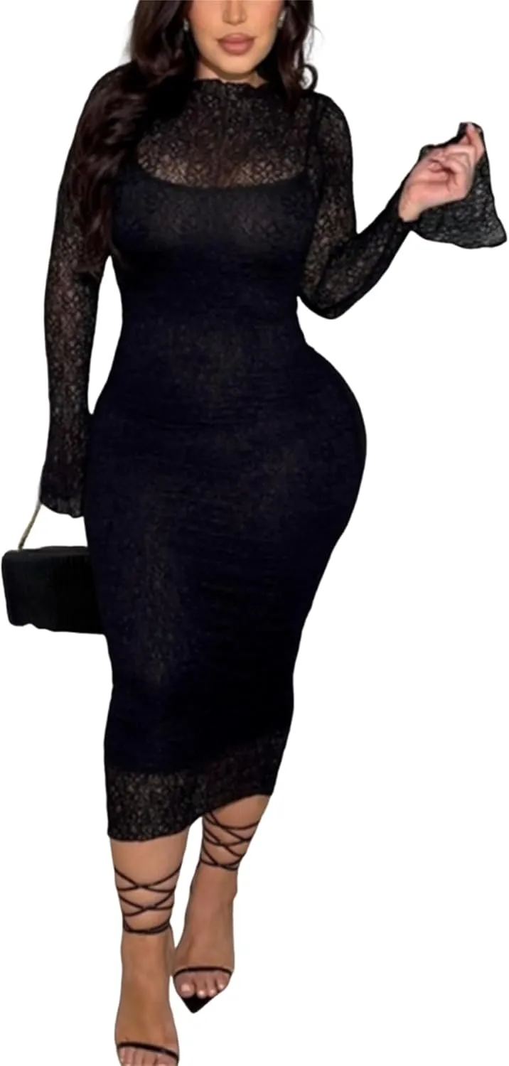 Women's Elegant Bodycon Midi Dress Lace Party Cocktail Wedding Guest Dress