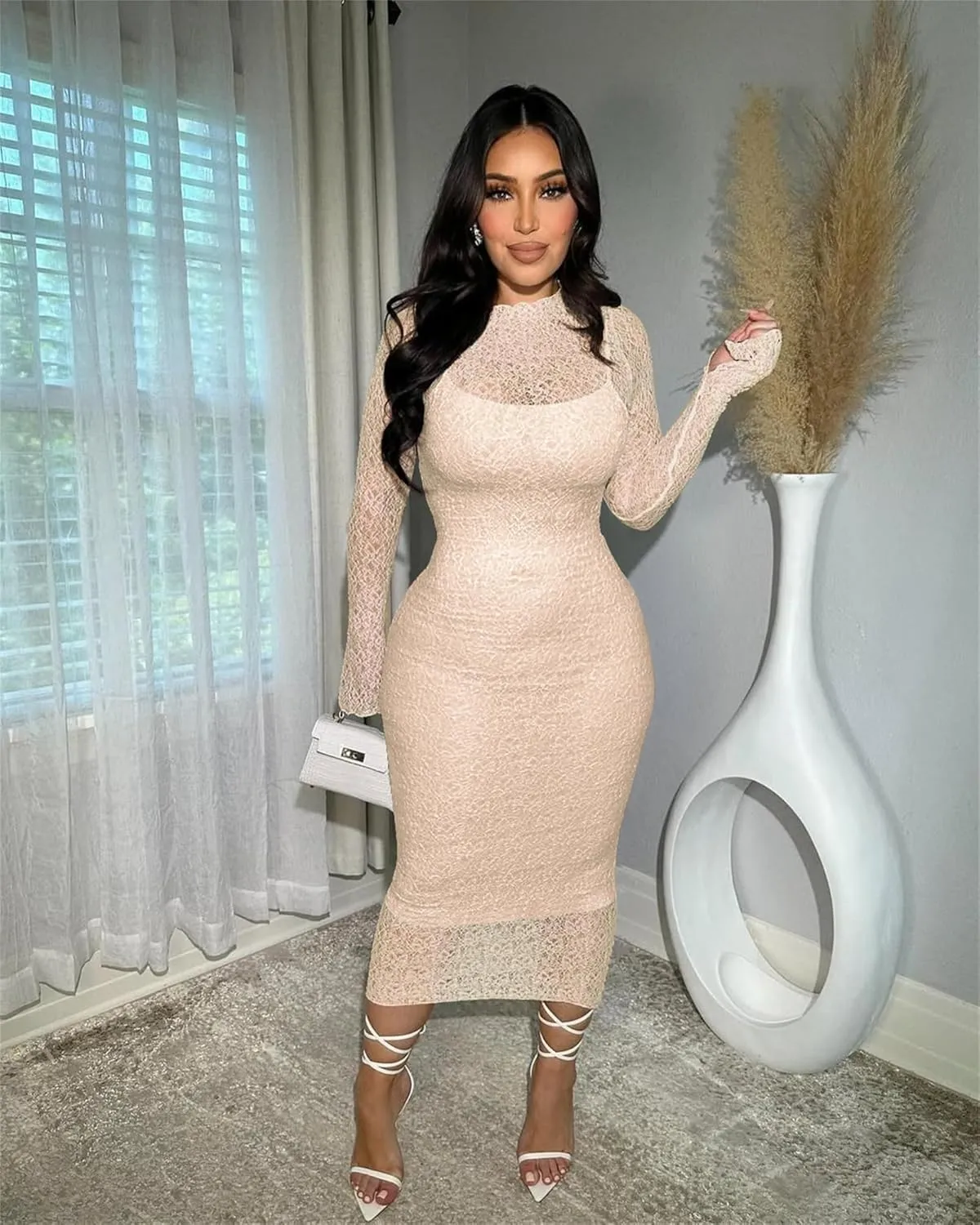 Women's Elegant Bodycon Midi Dress Lace Party Cocktail Wedding Guest Dress