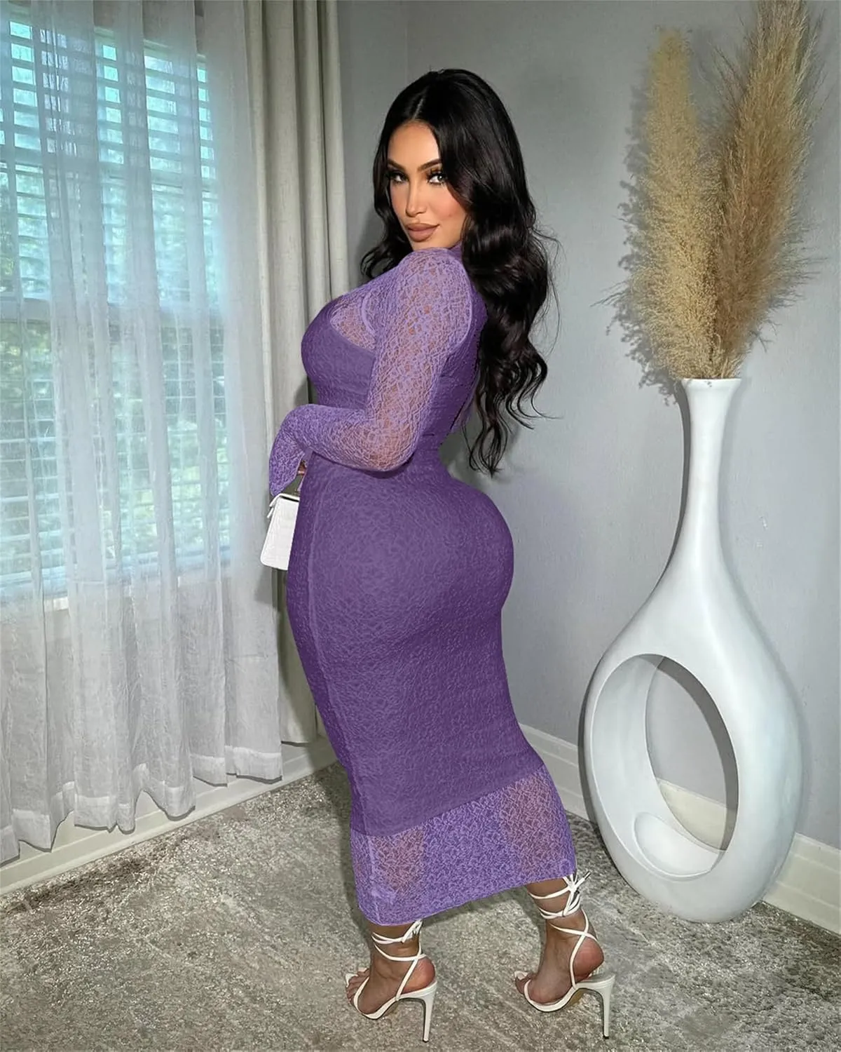 Women's Elegant Bodycon Midi Dress Lace Party Cocktail Wedding Guest Dress