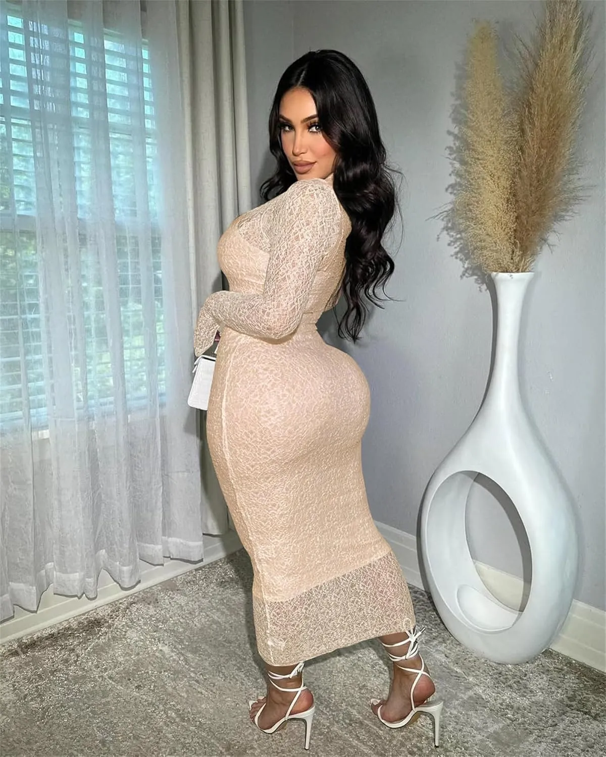 Women's Elegant Bodycon Midi Dress Lace Party Cocktail Wedding Guest Dress