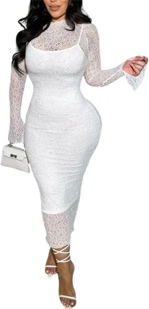 Women's Elegant Bodycon Midi Dress Lace Party Cocktail Wedding Guest Dress