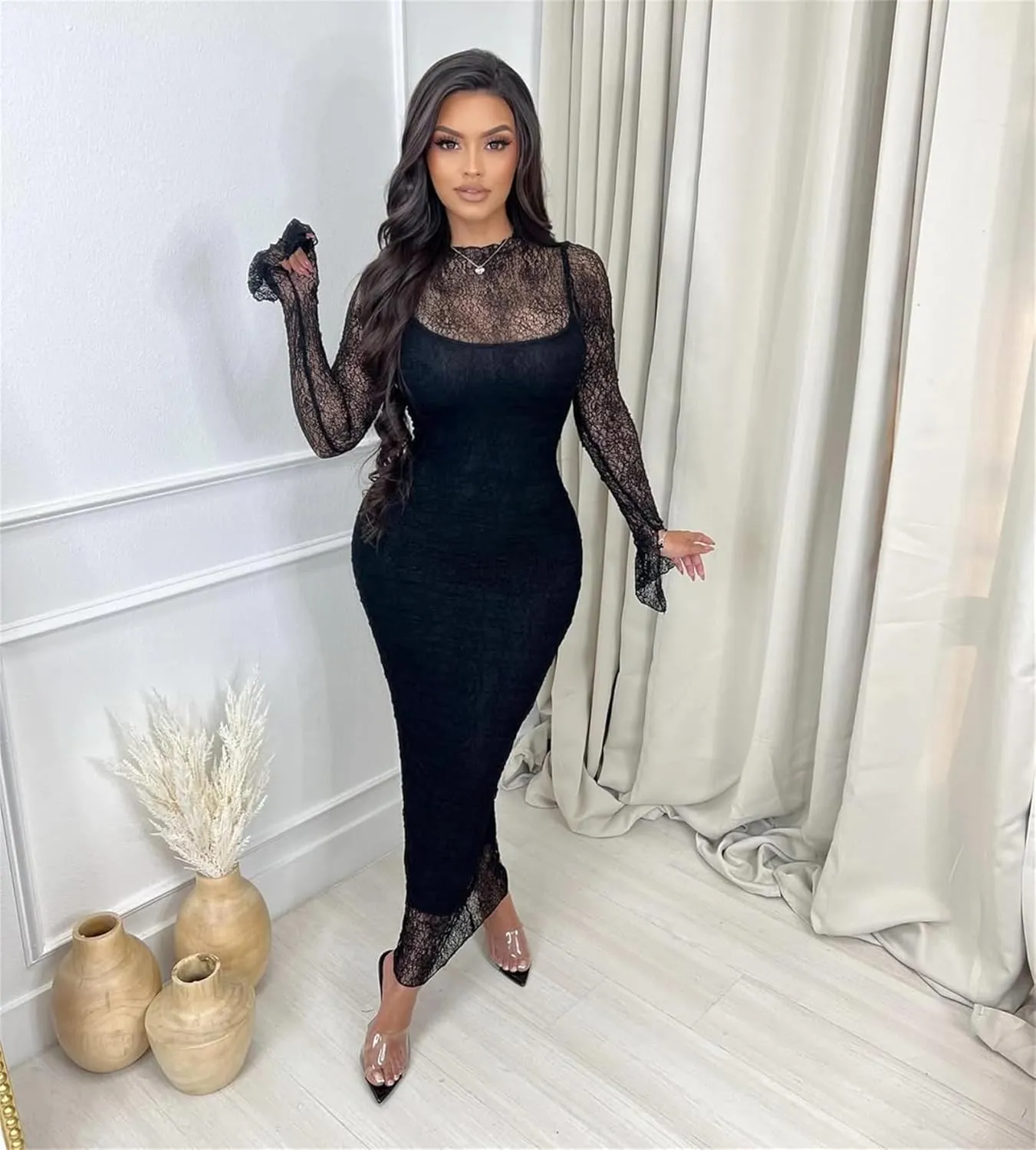 Women's Elegant Bodycon Midi Dress Lace Party Cocktail Wedding Guest Dress