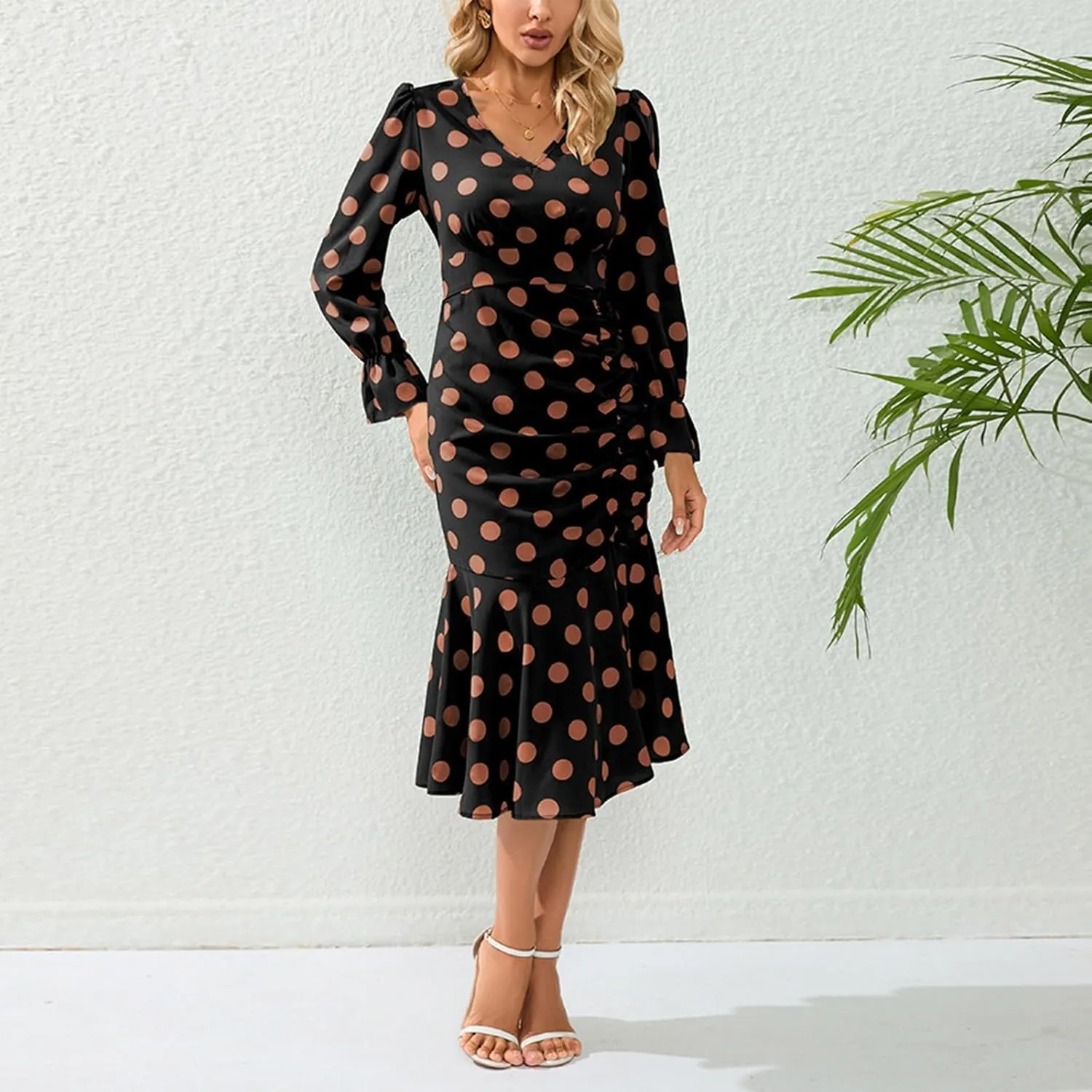 Women's Fall Casual Elegant Flowy Lantern Sleeve V-Neck Floral Print Maxi Dress