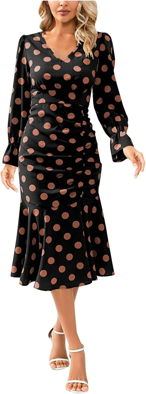 Women's Fall Casual Elegant Flowy Lantern Sleeve V-Neck Floral Print Maxi Dress