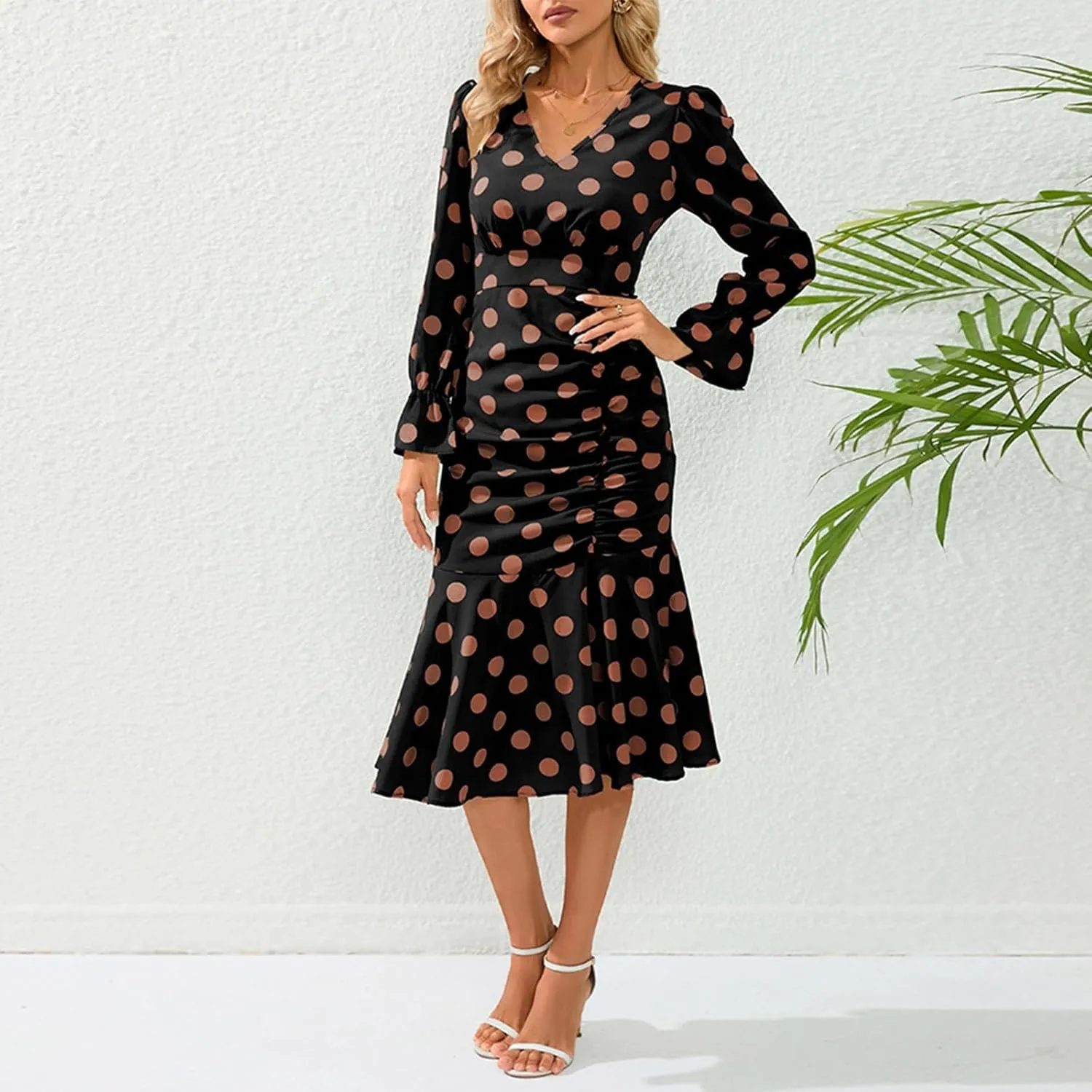 Women's Fall Casual Elegant Flowy Lantern Sleeve V-Neck Floral Print Maxi Dress