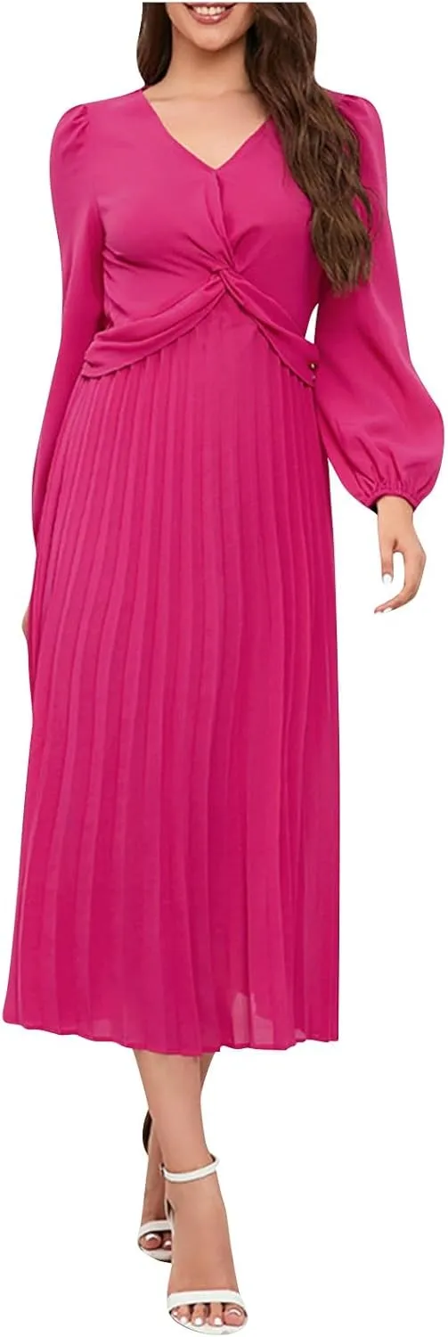 Women's Fall Casual Elegant Flowy Lantern Sleeve V-Neck Floral Print Maxi Dress