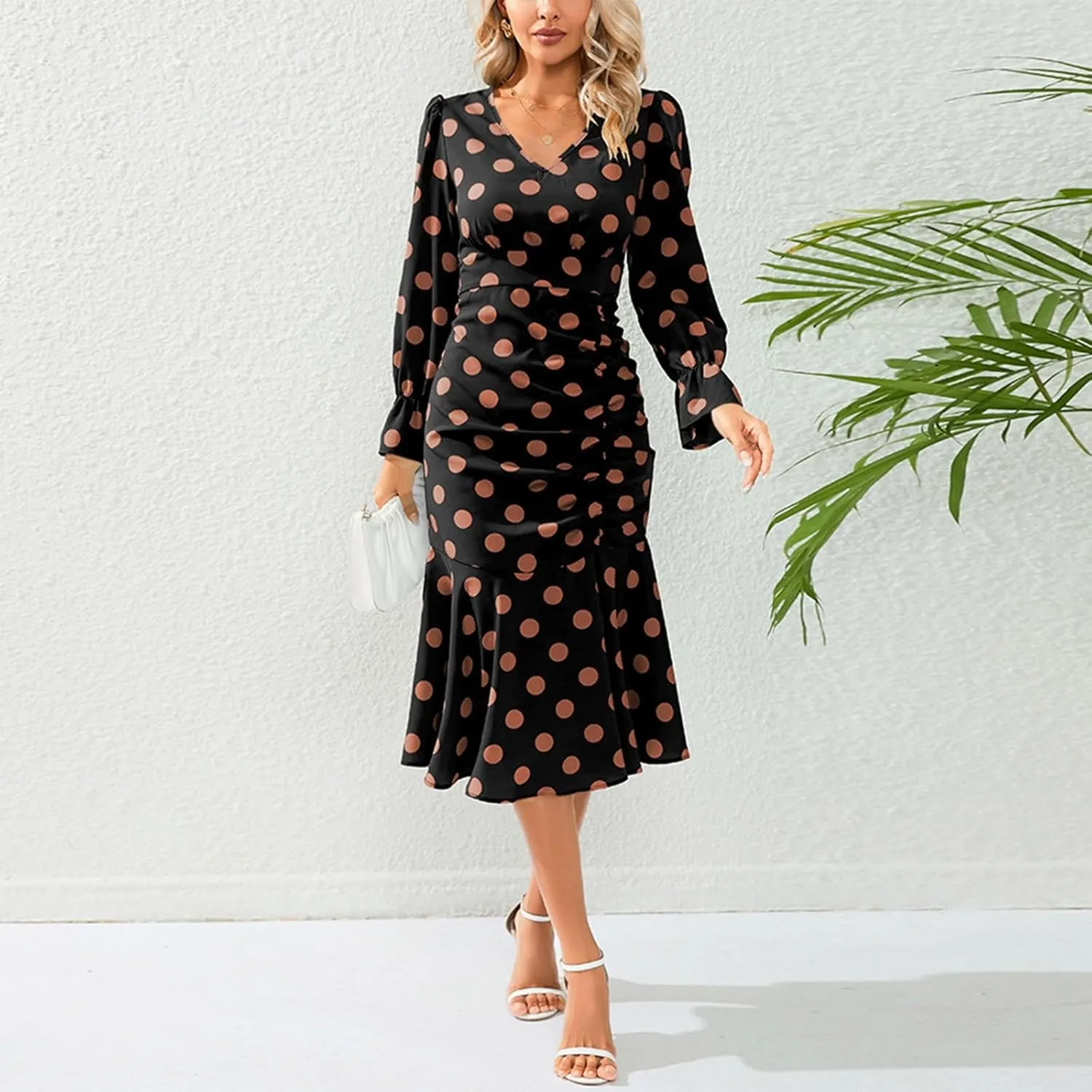 Women's Fall Casual Elegant Flowy Lantern Sleeve V-Neck Floral Print Maxi Dress