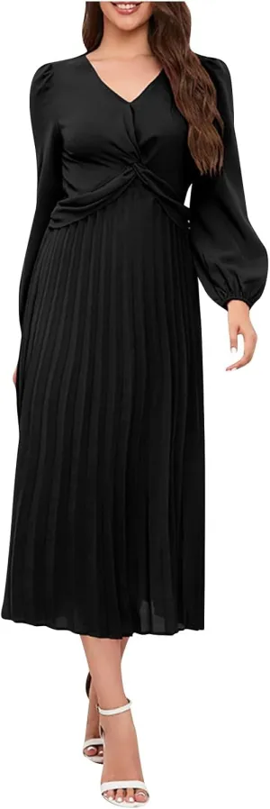 Women's Fall Casual Elegant Flowy Lantern Sleeve V-Neck Floral Print Maxi Dress
