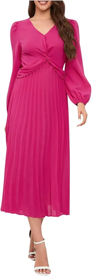 Women's Fall Casual Elegant Flowy Lantern Sleeve V-Neck Floral Print Maxi Dress