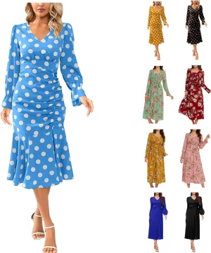 Women's Fall Casual Elegant Flowy Lantern Sleeve V-Neck Floral Print Maxi Dress