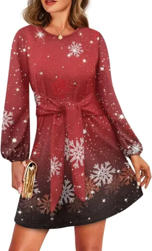 Women's Fall Elegant Long Lantern Sleeve Fashion Short Dress Crew Neck Tie Waist Elegant Formal Mini Dresses