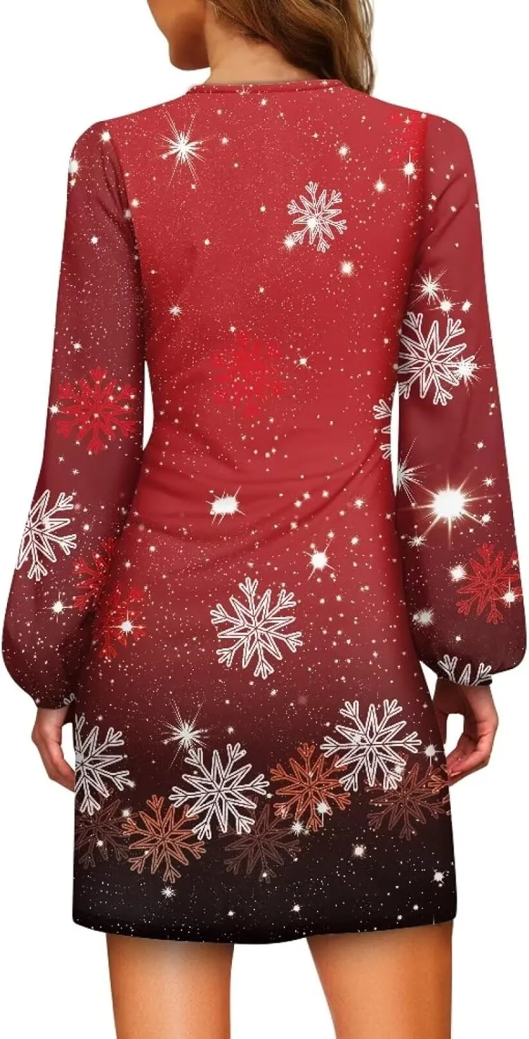 Women's Fall Elegant Long Lantern Sleeve Fashion Short Dress Crew Neck Tie Waist Elegant Formal Mini Dresses