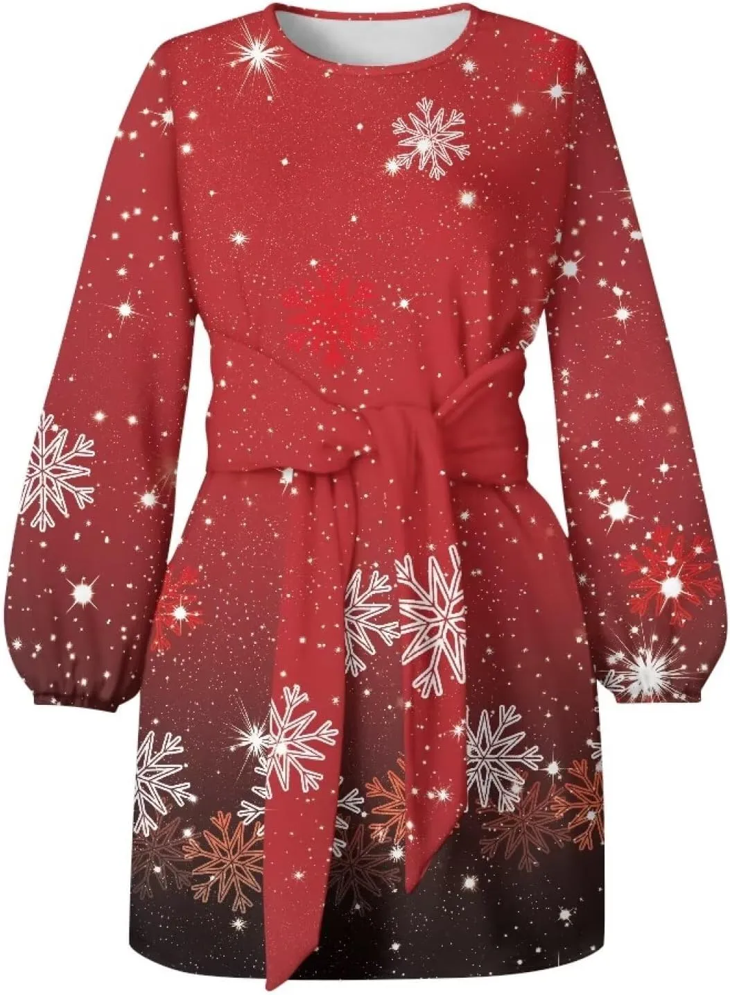 Women's Fall Elegant Long Lantern Sleeve Fashion Short Dress Crew Neck Tie Waist Elegant Formal Mini Dresses