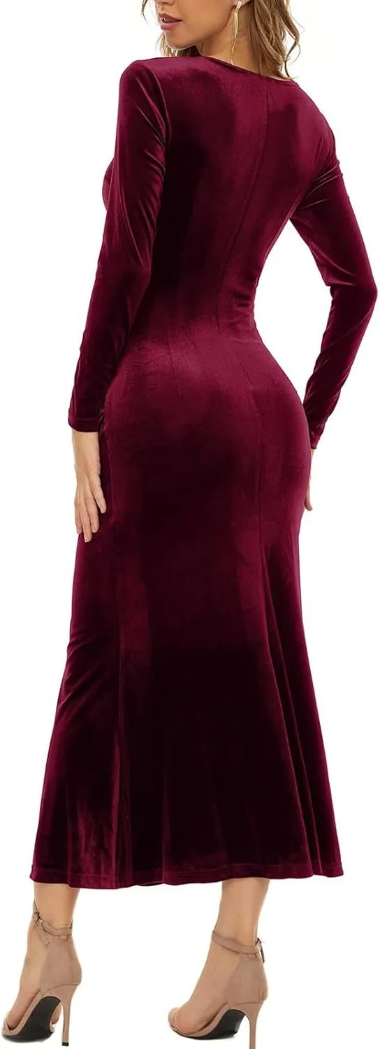 Women's Fall Elegant V-Neck Long Sleeve Bodycon Party Maxi Cocktail Dress Gown