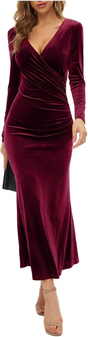 Women's Fall Elegant V-Neck Long Sleeve Bodycon Party Maxi Cocktail Dress Gown