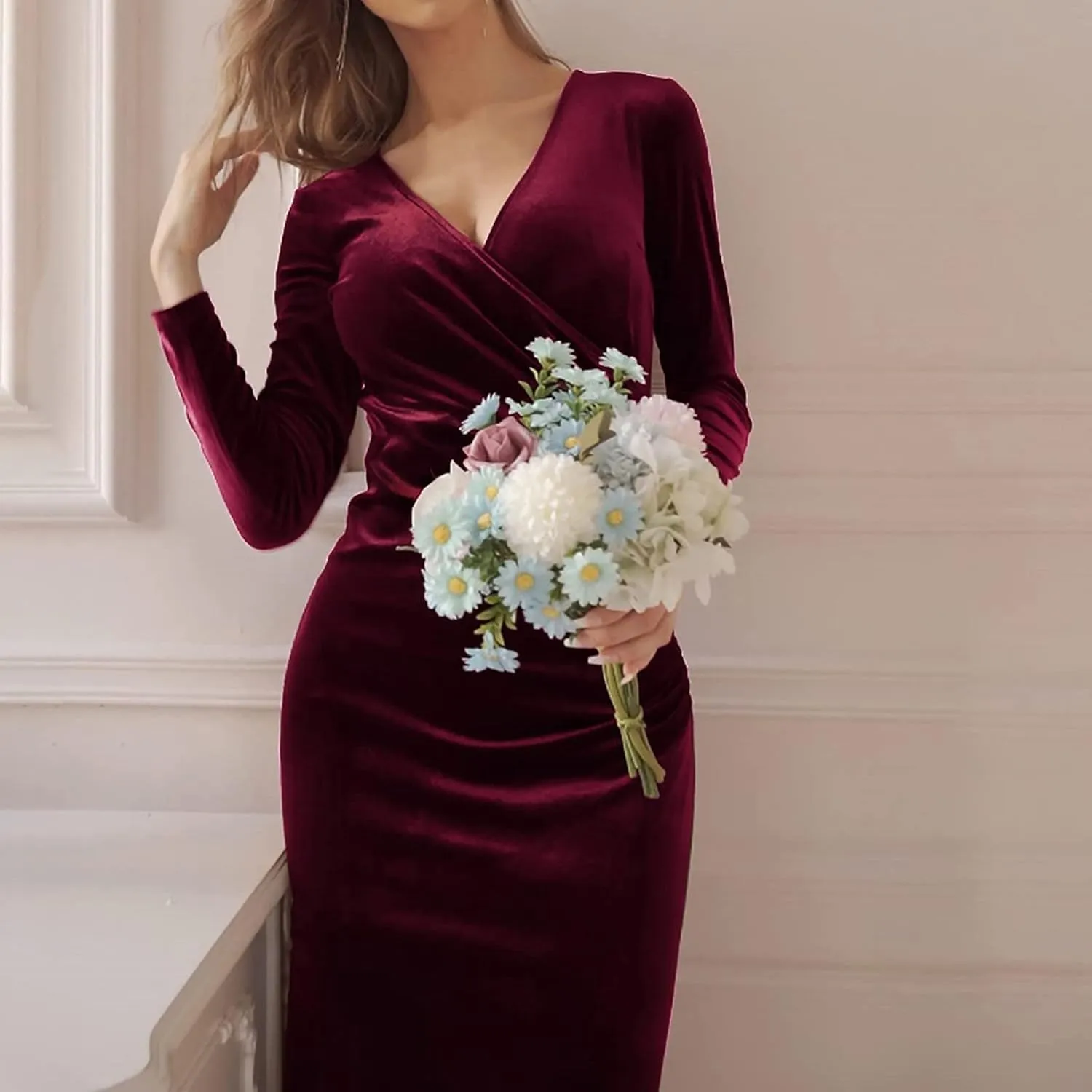 Women's Fall Elegant V-Neck Long Sleeve Bodycon Party Maxi Cocktail Dress Gown