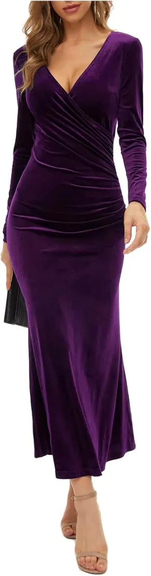 Women's Fall Elegant V-Neck Long Sleeve Bodycon Party Maxi Cocktail Dress Gown