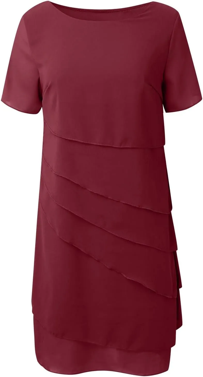 Womens Flowy Tiered Chiffon Dress Summer Elegant Short Sleeve Layered Midi Wedding Guest Cocktail Dresses