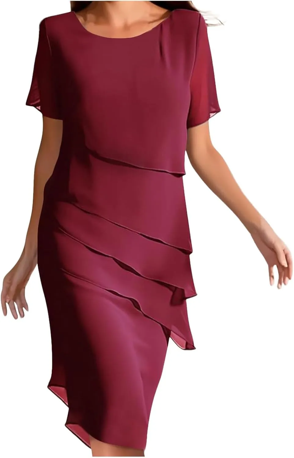 Womens Flowy Tiered Chiffon Dress Summer Elegant Short Sleeve Layered Midi Wedding Guest Cocktail Dresses