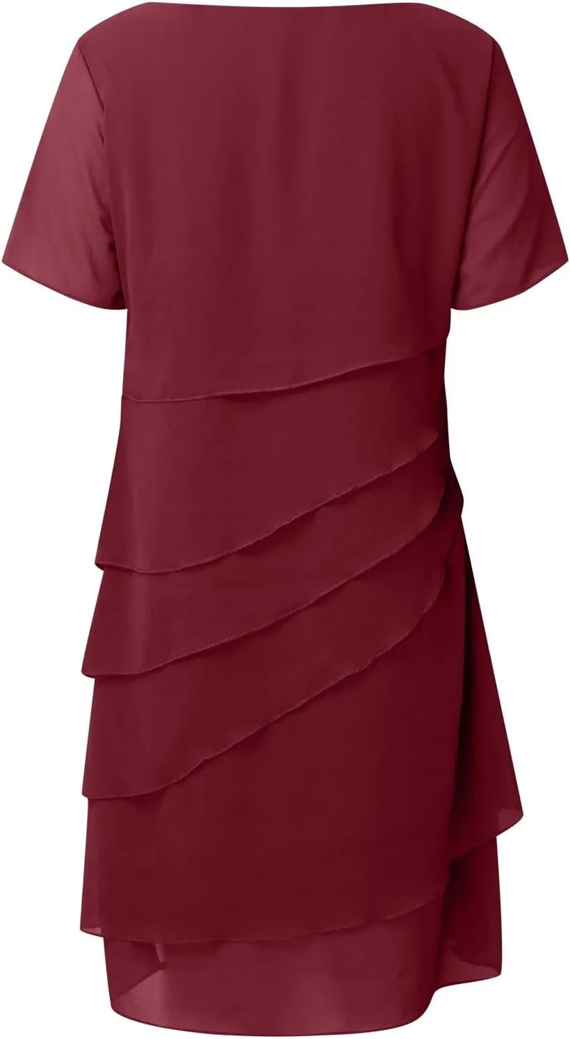 Womens Flowy Tiered Chiffon Dress Summer Elegant Short Sleeve Layered Midi Wedding Guest Cocktail Dresses