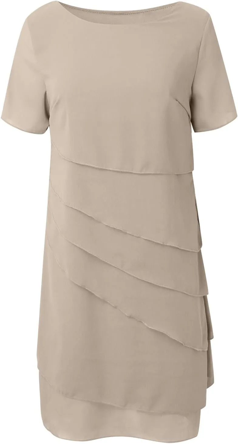 Womens Flowy Tiered Chiffon Dress Summer Elegant Short Sleeve Layered Midi Wedding Guest Cocktail Dresses