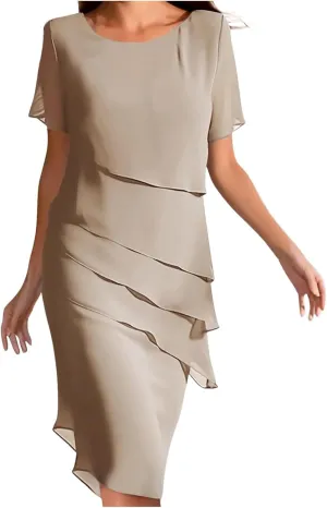 Womens Flowy Tiered Chiffon Dress Summer Elegant Short Sleeve Layered Midi Wedding Guest Cocktail Dresses