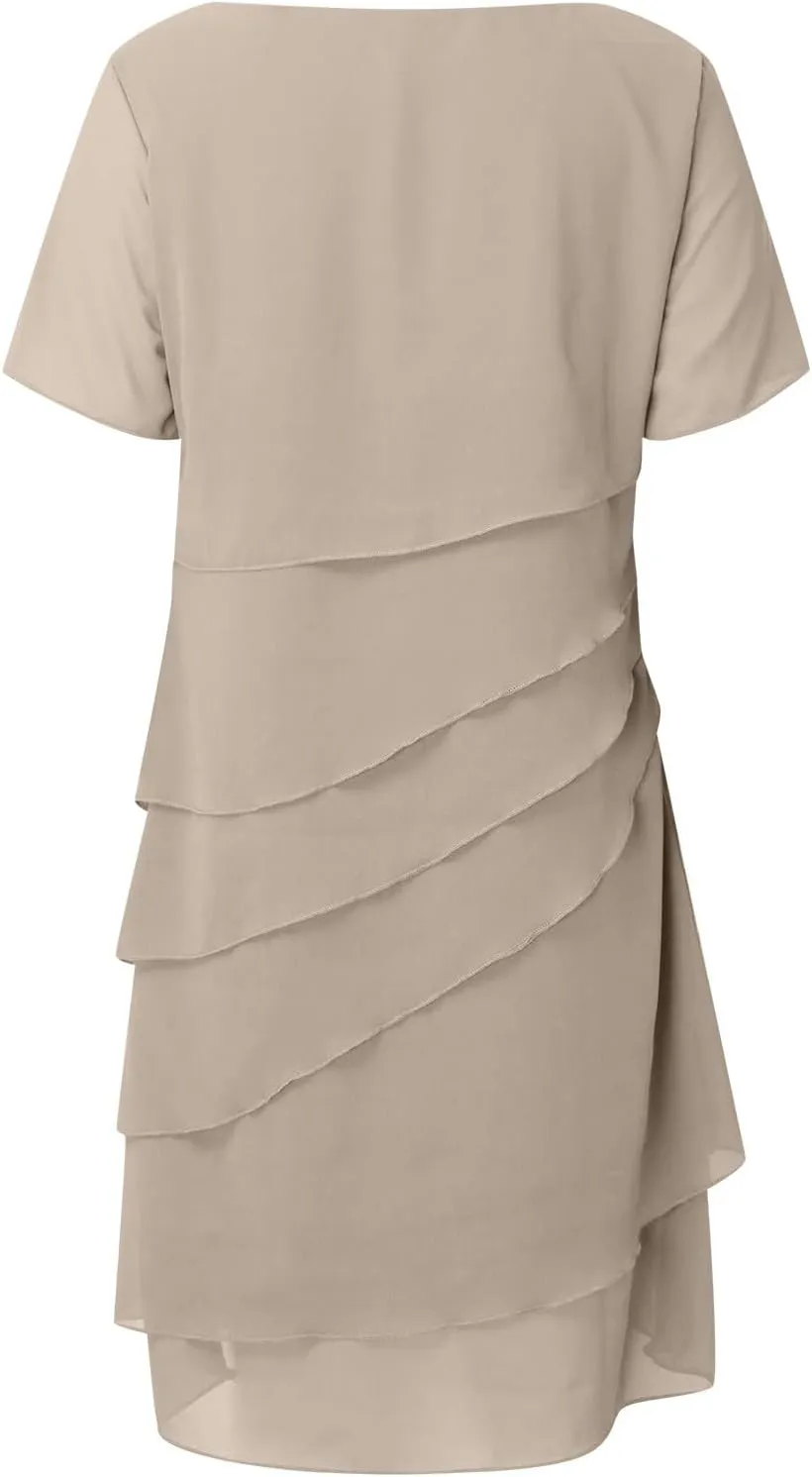 Womens Flowy Tiered Chiffon Dress Summer Elegant Short Sleeve Layered Midi Wedding Guest Cocktail Dresses