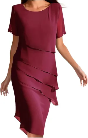 Womens Flowy Tiered Chiffon Dress Summer Elegant Short Sleeve Layered Midi Wedding Guest Cocktail Dresses