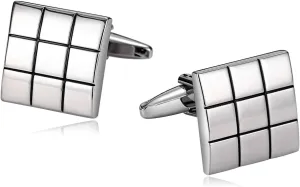 Womens French Cuff Blouse for Cufflinks, Cuff Links Silver Stainless Steel 9 Grid Square for Man Business Wedding