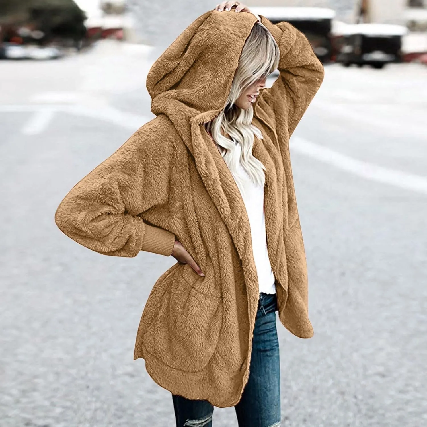 Womens Fuzzy Fleece Cardigan Coat Casual Oversized Open Front Sherpa Hooded Jackets Warm Winter Fluffy Outerwear
