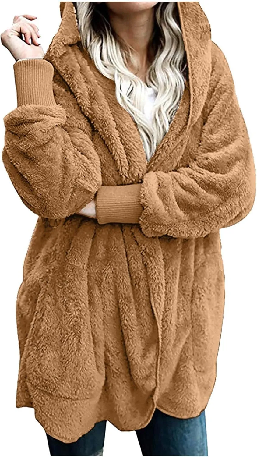 Womens Fuzzy Fleece Cardigan Coat Casual Oversized Open Front Sherpa Hooded Jackets Warm Winter Fluffy Outerwear