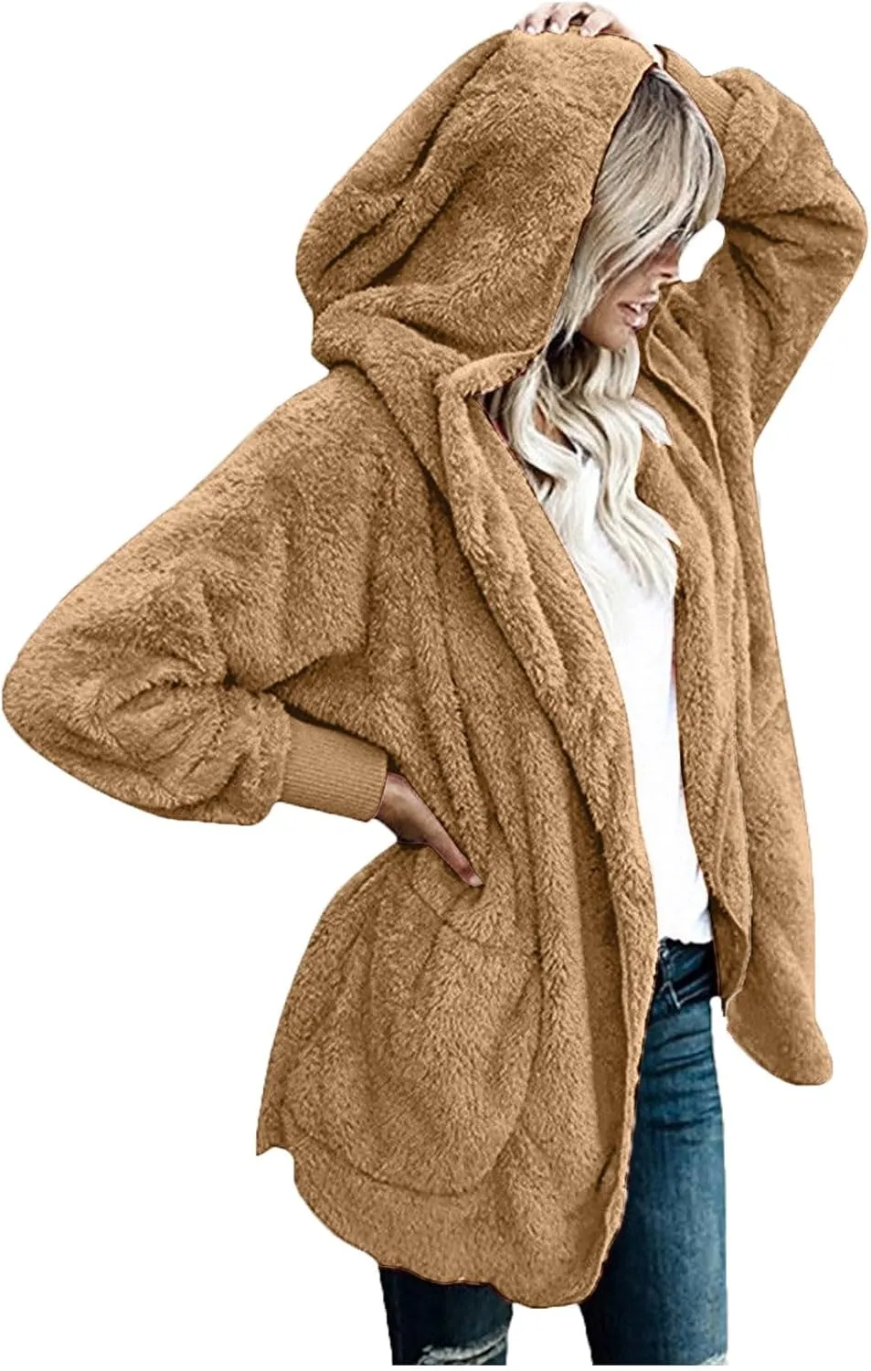 Womens Fuzzy Fleece Cardigan Coat Casual Oversized Open Front Sherpa Hooded Jackets Warm Winter Fluffy Outerwear