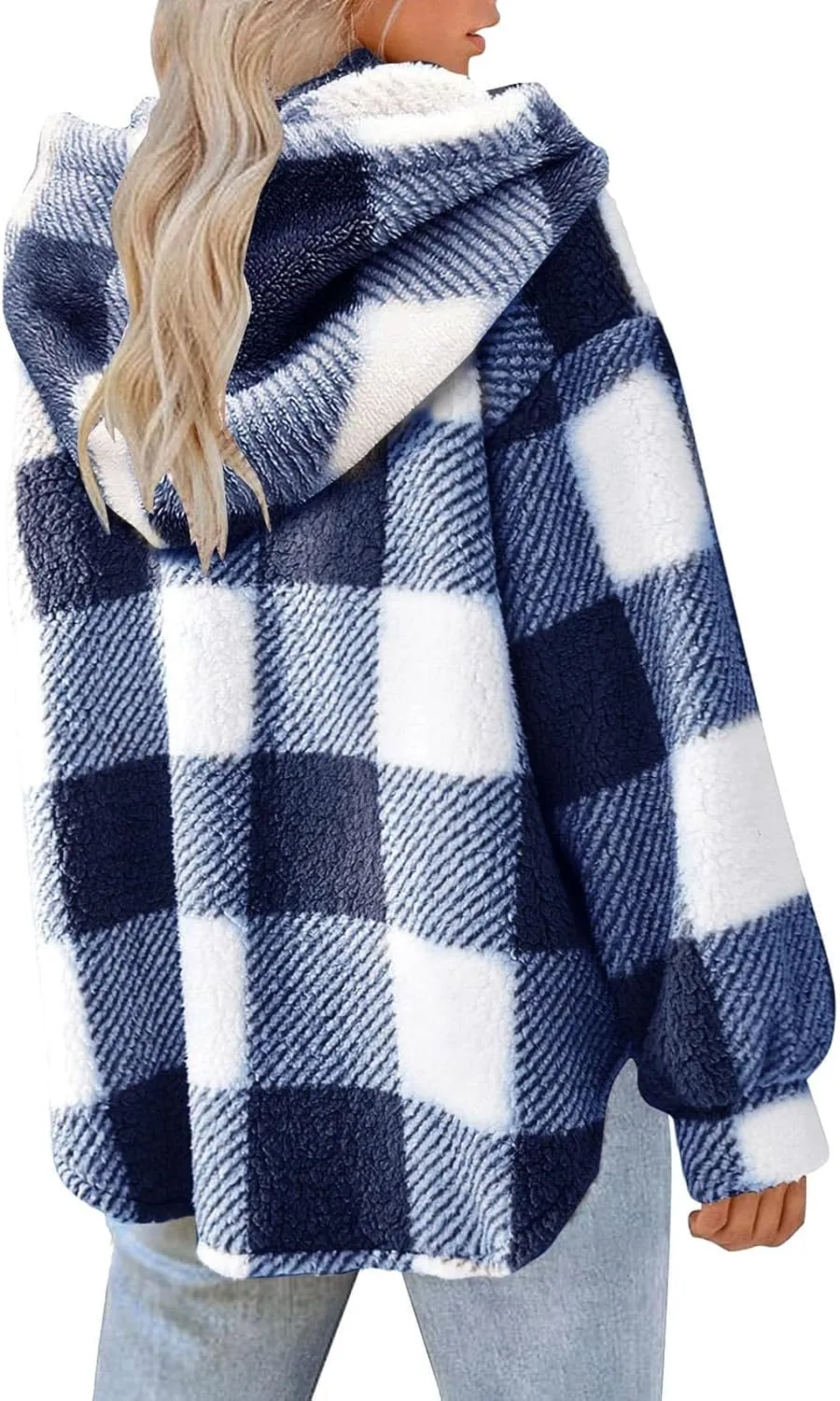Womens Fuzzy Fleece Plaid Jacket Casual Loose Plus Size Button Down Sherp_a Shacket Warm Winter Shearling Coat