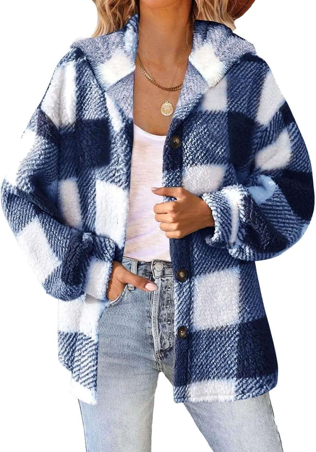 Womens Fuzzy Fleece Plaid Jacket Casual Loose Plus Size Button Down Sherp_a Shacket Warm Winter Shearling Coat