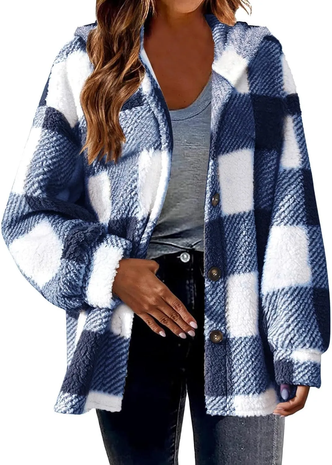 Womens Fuzzy Fleece Plaid Jacket Casual Loose Plus Size Button Down Sherp_a Shacket Warm Winter Shearling Coat