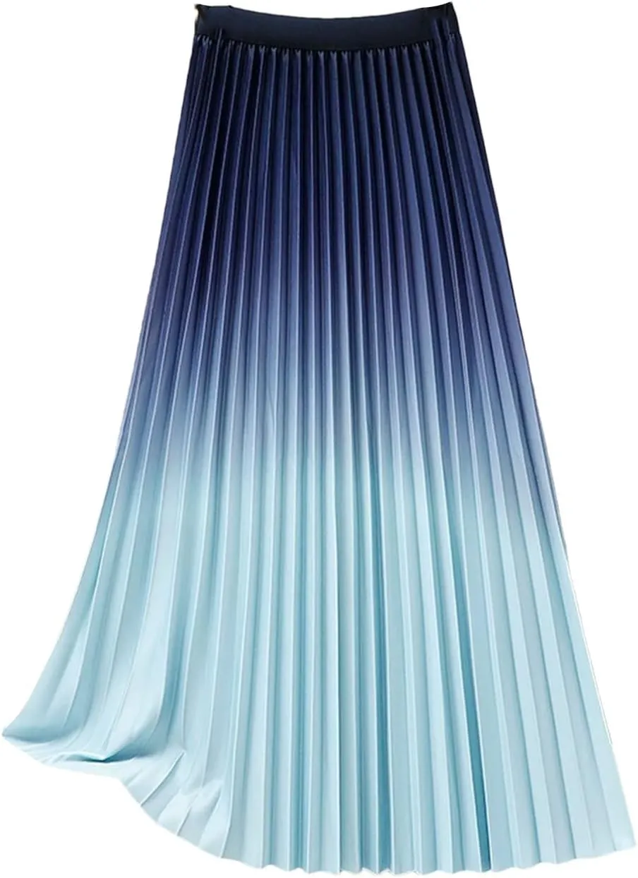 Women's Gradient Pleated Midi Skirt Casual Flowing High Waist Skirt