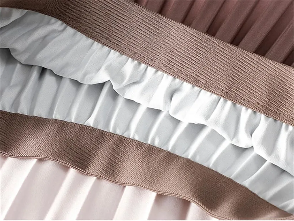 Women's Gradient Pleated Midi Skirt Casual Flowing High Waist Skirt