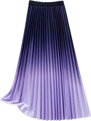 Women's Gradient Pleated Midi Skirt Casual Flowing High Waist Skirt
