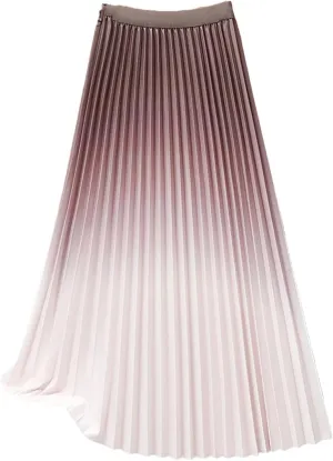 Women's Gradient Pleated Midi Skirt Casual Flowing High Waist Skirt