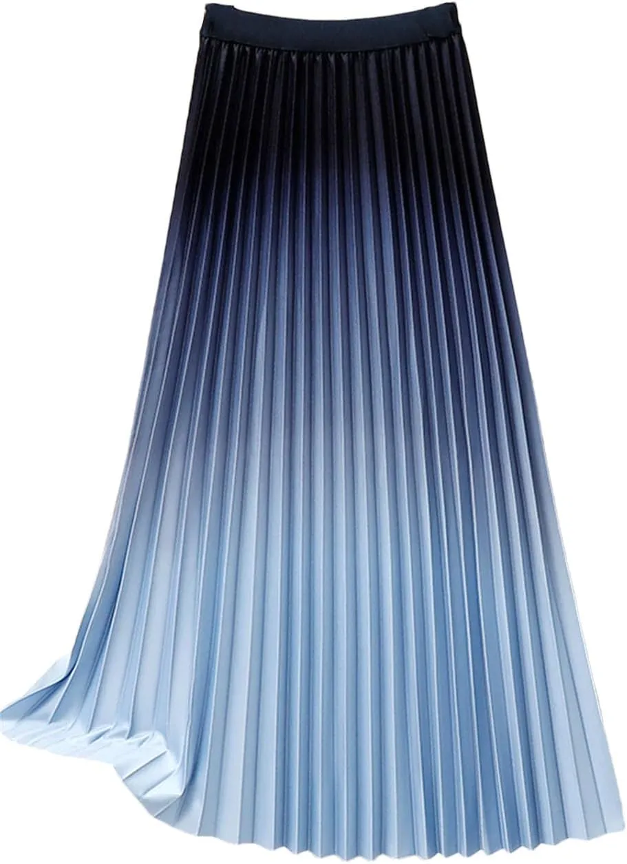 Women's Gradient Pleated Midi Skirt Casual Flowing High Waist Skirt