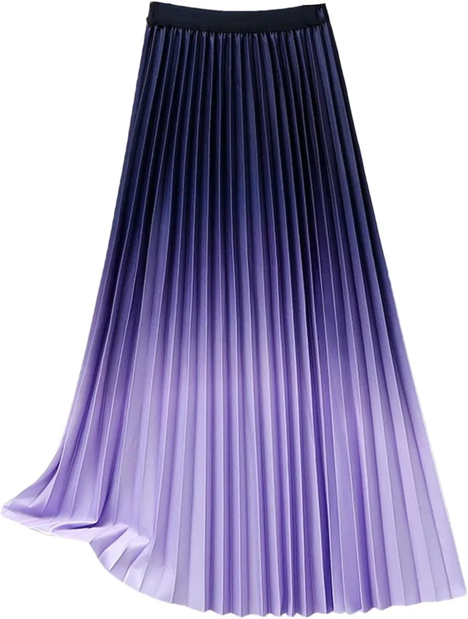 Women's Gradient Pleated Midi Skirt Casual Flowing High Waist Skirt