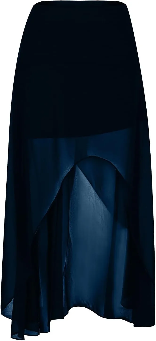 Women's High Low Hem Formal Skirt Summer High Waist Wrap Flowy Midi Skirts Elegant Plain Prom Party A-Line Skirt