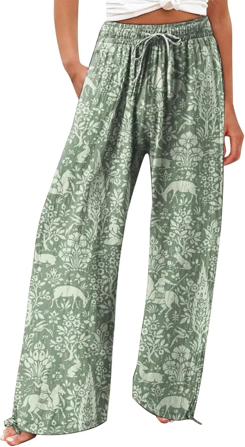 Women's High Waisted Wide Leg Pants Boho Linen Beach Trousers with Pockets Elastic High Waist Wide Leg Palazzo