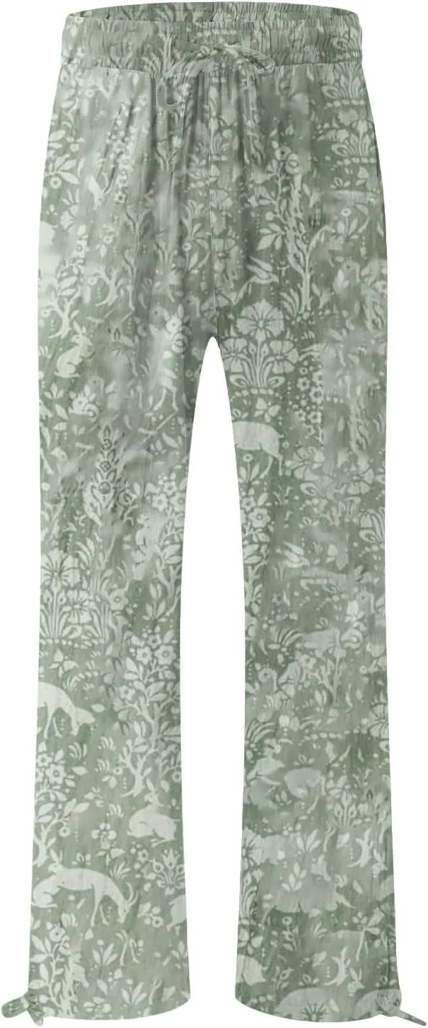 Women's High Waisted Wide Leg Pants Boho Linen Beach Trousers with Pockets Elastic High Waist Wide Leg Palazzo