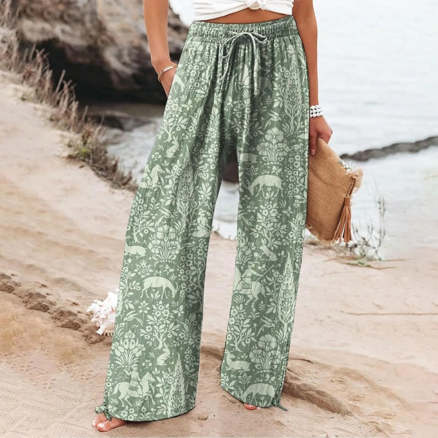 Women's High Waisted Wide Leg Pants Boho Linen Beach Trousers with Pockets Elastic High Waist Wide Leg Palazzo