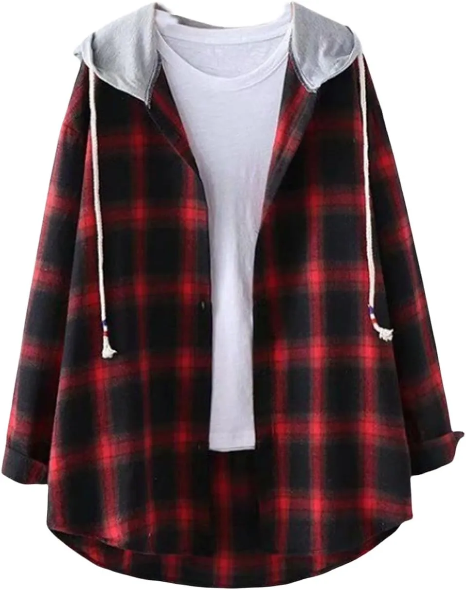 Womens Hoodies Flannel Coats Long Sleeve Classic Plaid Button Down Drawstring Shirts with Pockets Casual Outfits