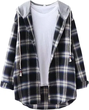 Womens Hoodies Flannel Coats Long Sleeve Classic Plaid Button Down Drawstring Shirts with Pockets Casual Outfits