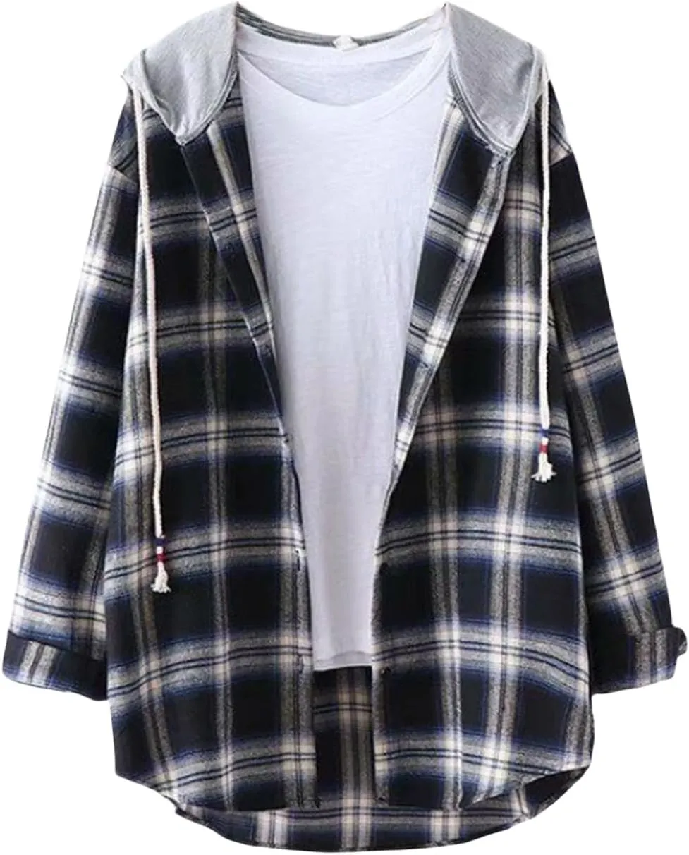 Womens Hoodies Flannel Coats Long Sleeve Classic Plaid Button Down Drawstring Shirts with Pockets Casual Outfits