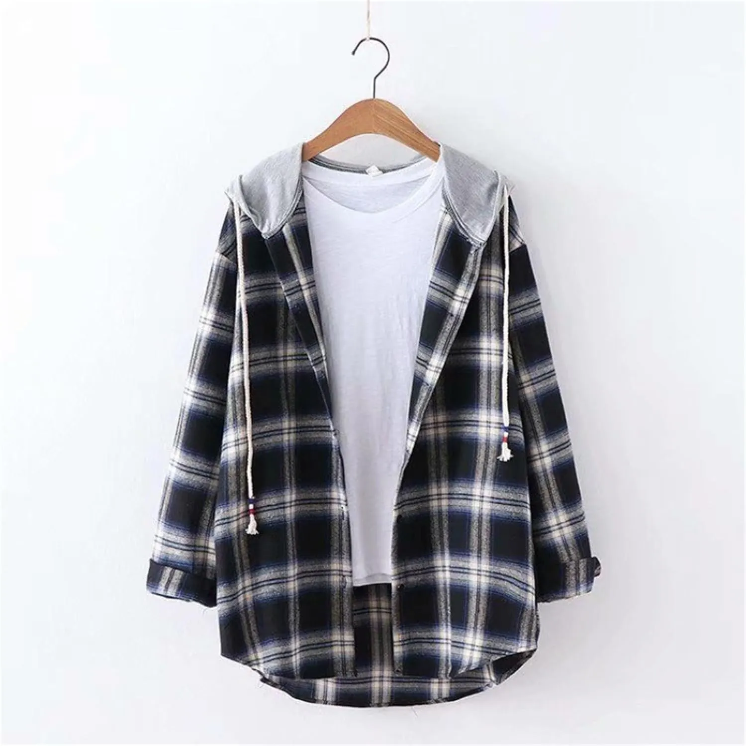 Womens Hoodies Flannel Coats Long Sleeve Classic Plaid Button Down Drawstring Shirts with Pockets Casual Outfits